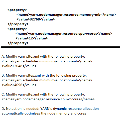   : Each node in your Hadoop cluster, running YARN, has GB memory and  cores.